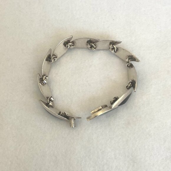 VTG 950 Silver Heavy Taxco Mexico Modernist Style Malachite Onyx Link Bracelet - Picture 7 of 16